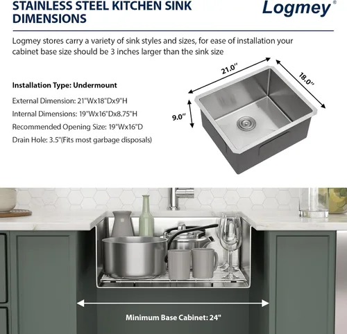 Miniatura 5 de Logmey - Fregadero de barra de 21 pulgadas, fregadero de cocina de acero inoxidable de 21x18, fregadero de barra pequeño, calibre 16, fregadero