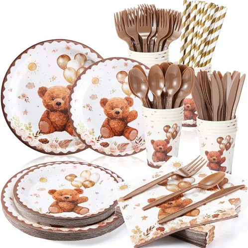 Bokon 200 piezas de decoración de oso para baby shower para 25 invitados, platos de papel para baby shower, juegos de servilletas, suministros de