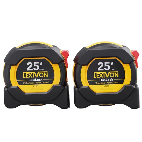 LEXIVON [2-Pack] Cinta métrica DuaLock de 25 pies/7,5 m | Cuchilla de 1 pulgada de ancho con revestimiento de nailon, acabado mate blanco y amarillo