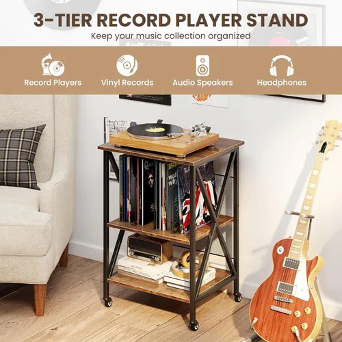 Miniatura 8 de Giantex Soporte para tocadiscos con estación de carga, soporte para tocadiscos con almacenamiento de discos y 4 ruedas rodantes, mesa