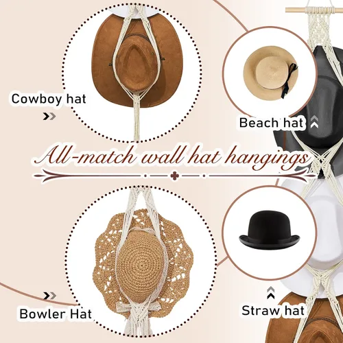 Miniatura 4 de Organizador de sombreros bohemio para colgar en la pared, ganchos de madera para colgar en la pared, para colgar en la pared, para colgar sombreros
