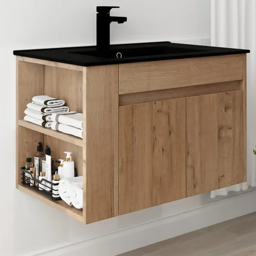 Tocador de baño de 30 pulgadas con fregadero, moderno combo montado en la pared con lavabo de cerámica blanca y estante abierto ajustable, grifo no