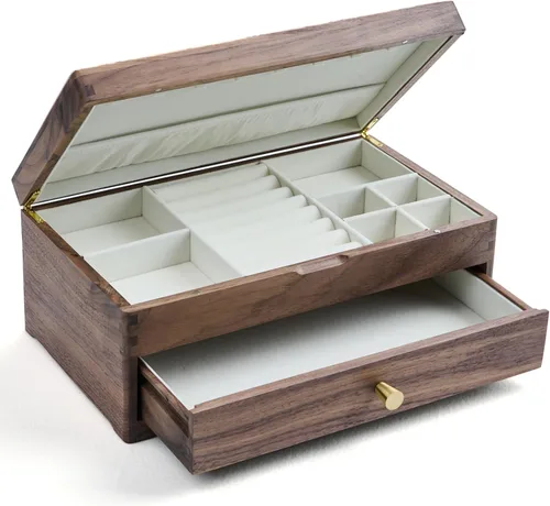 Beexchange Joyero de madera de nogal negro, hecho a mano, caja de joyería clásica. Joyeros y organizadores para mujeres, hombres y niñas (doble capa)