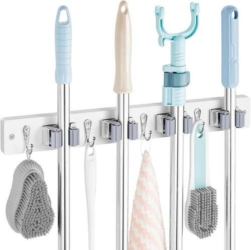 OUTNILI Soporte de Pared Blanco para Escoba y Trapeador con 4 Ranuras y 4 Ganchos - Colgador de Madera para Escoba y Trapeador para Organización de