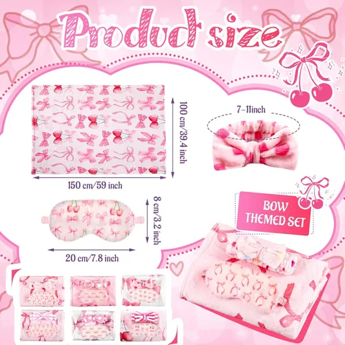 Miniatura 3 de Fanfanwin 18 piezas de suministros para fiesta de pijamas para niñas, 6 estilos de linda manta con lazo rosa, 6 cintas para la cabeza de spa