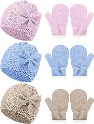 Miniatura 22 de SATINIOR 3 Set Toddler Hat Glove Set, Kids Winter Hats Warm Knitted Beanie Mittens Gloves with Bow for Baby Girls Boys 0-6Y
