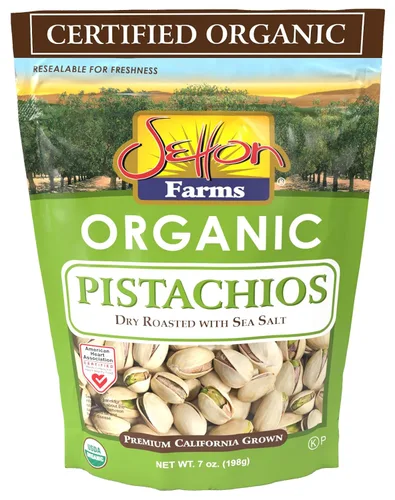 Setton Farms Pistachos orgánicos premium, tostados en seco con sal marina, bolsa resellable de 7 onzas