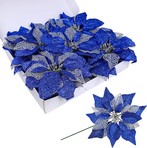 Miniatura 2 de Juego de 14 flores de Pascua de 8.7 pulgadas de ancho, 4 capas de flores de pascua con purpurina azul para árbol de Navidad, coronas, guirnaldas