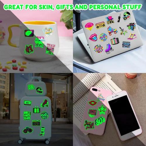 Miniatura 9 de 96 piezas de tatuajes temporales precortados que brillan en la oscuridad de los años 80 para decoración de fiesta de cumpleaños, suministros