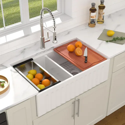 Miniatura 11 de Dcolora Fregadero de porcelana de cerámica negra de 33 pulgadas, fregadero de cocina frontal con delantal de arcilla refractaria con accesorios