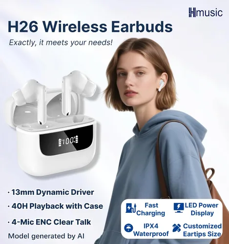Miniatura 2 de Hmusic Auriculares inalámbricos H26 TWS, 4 micrófonos ENC intrauditivos Bluetooth 5.4, controladores de 0.512 in, pantalla LED de reproducción de 40