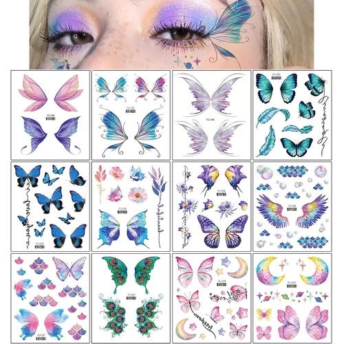 Konsait 12 hojas de tatuajes temporales de mariposa con purpurina para mujeres y niños, calcomanías de mariposa para la cara, tatuajes temporales