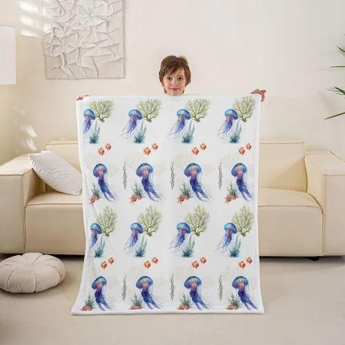 Erosebridal Coastal Throw Blanket 40"x50", Blue Jellyfish Fish Soft Blankets for Kids Girls Boys, Ocean Beach Themed Seashell Fleece Sherpa Blanket,