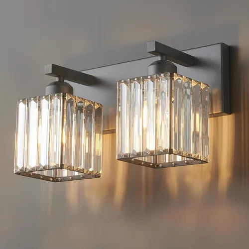 Moderna lámpara de pared de tocador de baño de cristal negro de 2 luces Negro recto.