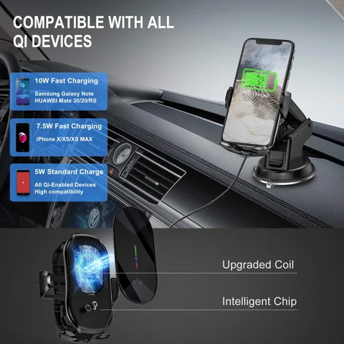 Miniatura 2 de Soporte inalámbrico con cargador para vehículo, con sujeción automática Qi, 10 vatios, 7.5 vatios, de carga rápida, para teléfono, soporte