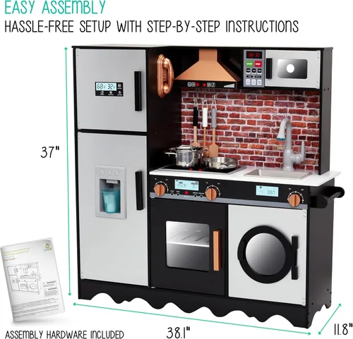 Miniatura 7 de Lil' Jumbl Jumbl - Juego de cocina para niños, cocina de madera de simulación, máquina de hielo a pilas, microondas, campana extractora, estufa