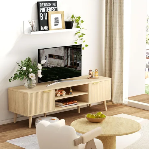 Miniatura 7 de SHGJ&SOFT Soporte de TV para 60/65 pulgadas, centro de entretenimiento bohemio moderno de mediados de siglo con 2 gabinetes y estantes abiertos, De