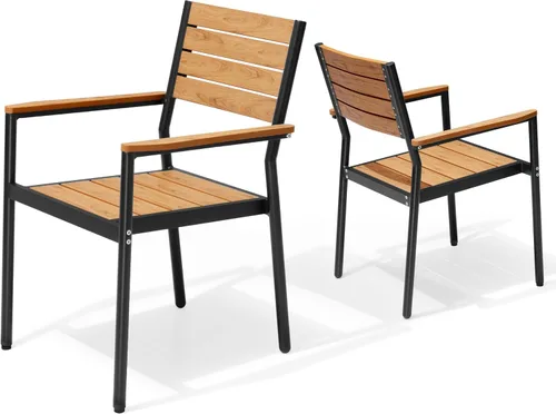Miniatura 23 de Pellebant Juego de 2 sillas de comedor apilables para exteriores, sillas de patio de aluminio con brazos, para todo tipo de clima, para jardín, Negro