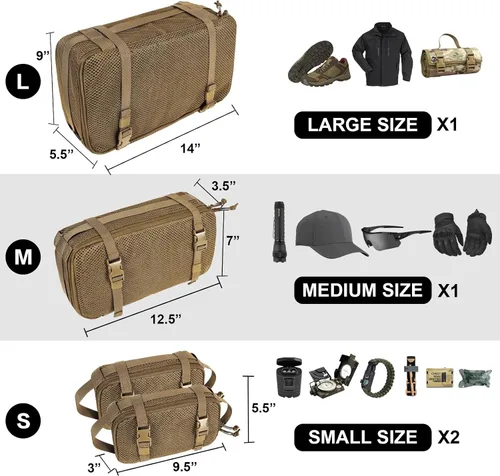 Miniatura 33 de Juego de 4 cubos de embalaje tácticos, bolsa de almacenamiento de malla compresible, organizador portátil Edc Molle.