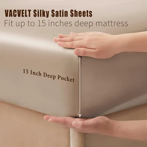 Miniatura 4 de VACVELT Juego de 3 sábanas de satén color beige tamaño individual, juego de ropa de cama, sábana bajera de satén sedoso con bolsillo profundo de 15