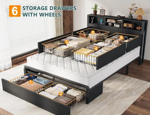 Miniatura 3 de EnHomee Base de cama de tamaño matrimonial con 6 cajones de almacenamiento, cabecera y estación de carga, cama de plataforma de metal sin ruido,
