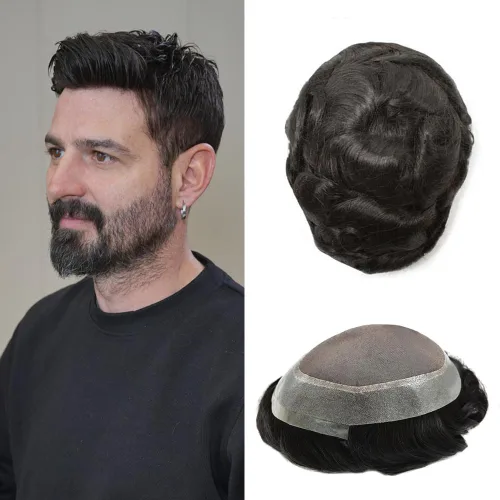 Miniatura 46 de Tupé para hombres, piezas de cabello humano real, sistema de unidades de cabello natural, línea capilar natural, pieza de repuesto para hombres