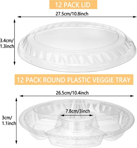 Miniatura 2 de Paquete de 12 bandejas redondas de plástico para verduras con tapa, bandeja de frutas, contenedor de 6 compartimentos divididos, bandeja para servir
