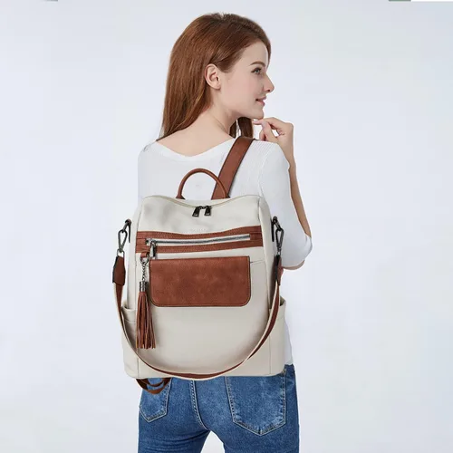 Miniatura 2 de Mochila de cuero para mujer bolso de hombro convertible de moda para mujer, impermeable, antirrobo con pulsera, M