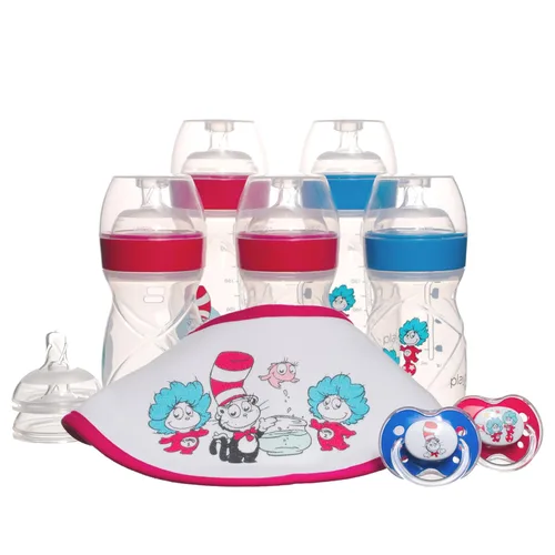 Set de regalo Playtex Baby Dr. Seuss para recién nacidos con 5 biberones (3X 4Oz, 2X 8Oz), 2 chupetes Binky, 60 forros desechables y babero, Set de