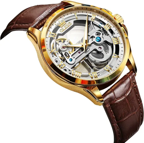 Miniatura 7 de OLEVS Relojes mecánicos automáticos para hombre, reloj esqueleto, impermeable, correa de cuero marrón, negro, oro rosa, relojes de pulsera