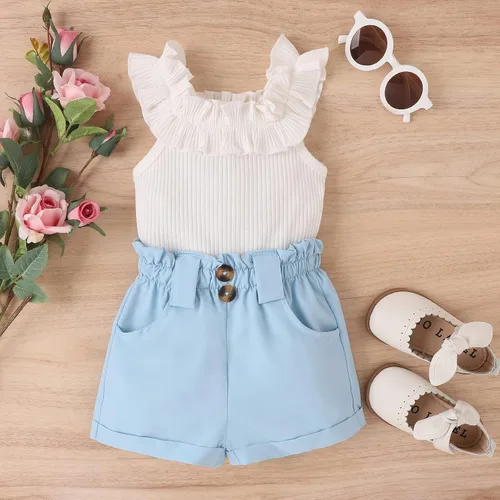 Miniatura 99 de TheFound Trajes de verano para niñas pequeñas, sin mangas, de punto acanalado, halter, pantalones cortos, ropa para recién nacidos, conjunto de 3