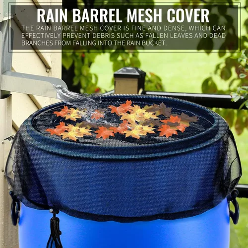 Miniatura 6 de 4 cubiertas de malla de barril de lluvia con cordón – 38.2 pulgadas de red de recogida de agua para evitar hojas caídas y escombros, pantalla