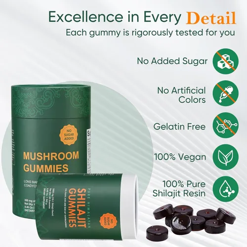 Miniatura 5 de Paquete de suplemento de gomitas shilajit y hongos del Himalaya: 3000 mg de shilajit, melena de leones Reishi, Cordyceps, sin azúcar añadida