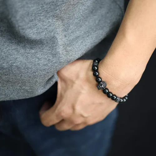 Miniatura 3 de COAI Pulsera de piedra de obsidiana brillante de plata con calavera