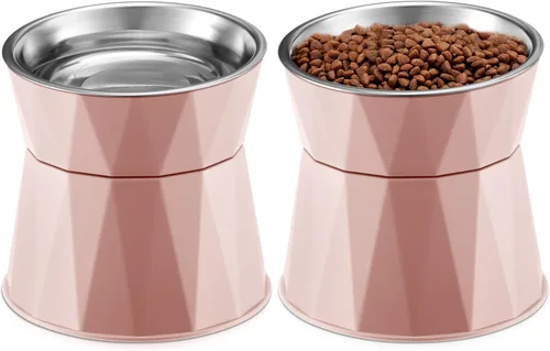 Miniatura 9 de Lallisa Comedero para gatos, 2 cuencos elevados de acero inoxidable con soporte elevado ajustable, tazón antideslizante para alimentos y agua