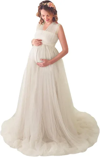 Vestido de maternidad de manga larga con hombros descubiertos para mujer, de tul elegante, ajustado, para baby shower, fotografía, maxi vestido para