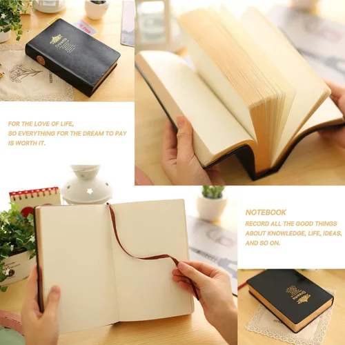 Miniatura 6 de Diario grueso, papel en blanco de calidad superior, con borde dorado, cuaderno de tapa dura con cubierta negra suave de piel sintética, de 416