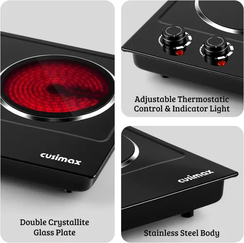 Miniatura 2 de CUSIMAX Doble quemador, placa eléctrica de cerámica de 1800 W para cocinar, estufa infrarroja de doble control, quemador portátil de encimera, placa