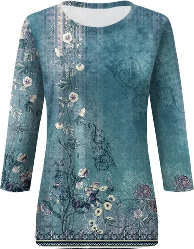 Miniatura 95 de Camisetas de manga 3/4 para mujer, cuello redondo, holgadas, casuales, con estampado floral, camisetas de moda para el trabajo de negocios