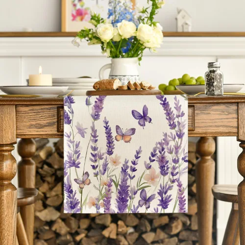 Miniatura 2 de Artoid Mode Camino de mesa de primavera con mariposas florales de lavanda morada, decoración de mesa de comedor de cocina de verano de temporada