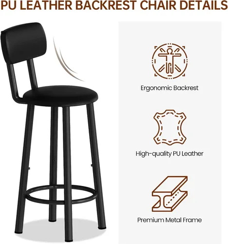 Miniatura 6 de Juego de mesa de comedor de cocina para 2, mesa de bar y sillas con 3 estantes de almacenamiento, comedor alto con 2 taburetes de respaldo de piel