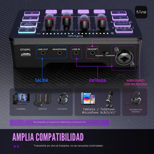 Miniatura 4 de FIFINE Mezclador de audio para juegos, mezclador de PC RGB para streaming con interfaz de micrófono XLR, control individual, atenuador de volumen