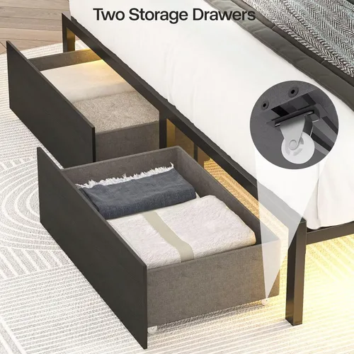 Miniatura 7 de Marco de Cama Tamaño Completo con Cabecero Alto y Luces LED, Librero de 51.2" Marco de Cama Negro Tamaño Completo con Cajones de Almacenamiento
