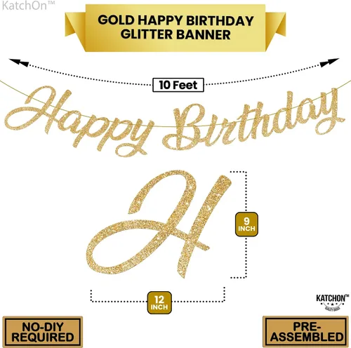 Miniatura 5 de KatchOn, Cartel de feliz cumpleaños cursivo dorado con purpurina – pre-encordado, 10 pies Decoraciones de cumpleaños para mujeres, hombres y niñas