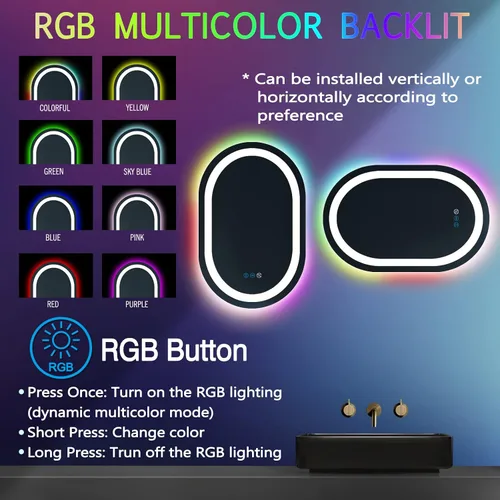 Miniatura 5 de Espejo de baño ovalado RGB de 24 x 16 pulgadas con luces delanteras inteligentes regulables de 3 colores y arco iris, colorido cambiante