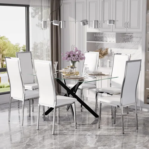 Miniatura 33 de Juego de mesa de comedor de cristal dorado moderno de 63 pulgadas para 6, juego de mesa de cocina rectangular de 7 piezas con patas de acero Negro