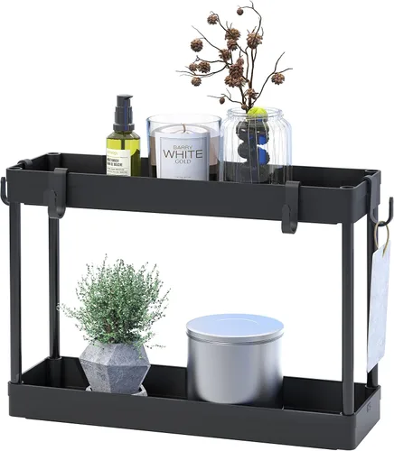 Miniatura 7 de Simple Houseware Bandeja organizadora de 2 niveles para debajo del fregadero con ganchos, color negro
