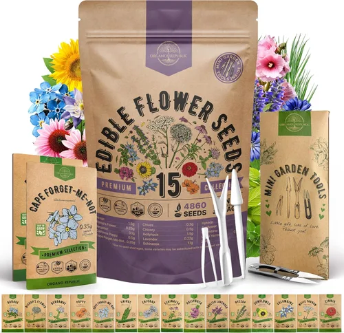 Organo Republic - Paquete surtido de semillas de 15 flores comestibles para interior y exterior, más de 4800 flores de variedades autóctonas sin