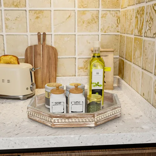 Miniatura 7 de MAONAME Bandeja de Madera para Servir, Bandeja de Madera Estilo Granja con Cuentas, Bandeja Octogonal para Servir Blanca Lavada, Bandeja de Mesa