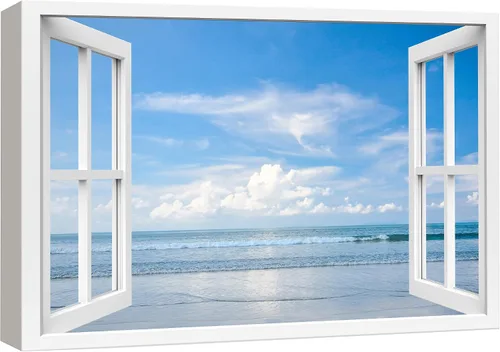 Miniatura 40 de wall26 - Cuadro en lienzo para pared, vista de ventana, atardecer neón, cielo, palmera tropical, playa, naturaleza, desierto, fotografía, realismo
